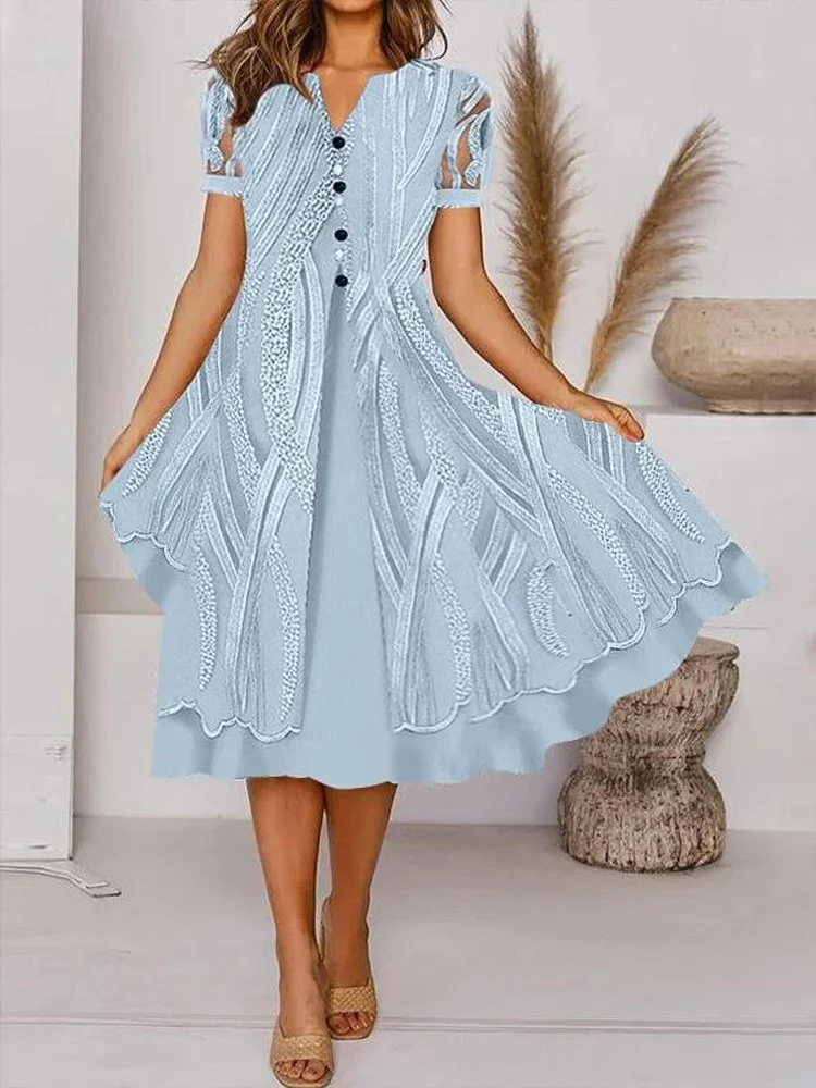 Billionm Women Print Party Dress Fashion Button Lace Office Dress Female 2025 New Spring Summer V Neck Pocket Short Sleeve Dress 413-0