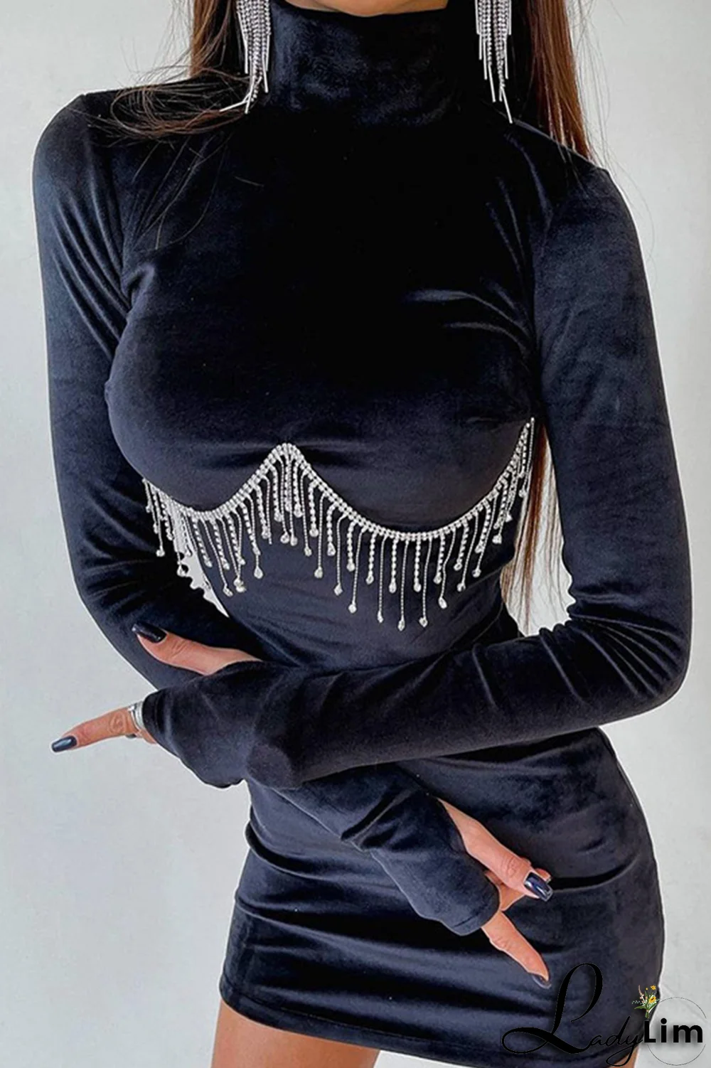 Rose Red Sexy Solid Rhinestone Half A Turtleneck Pencil Skirt Dresses