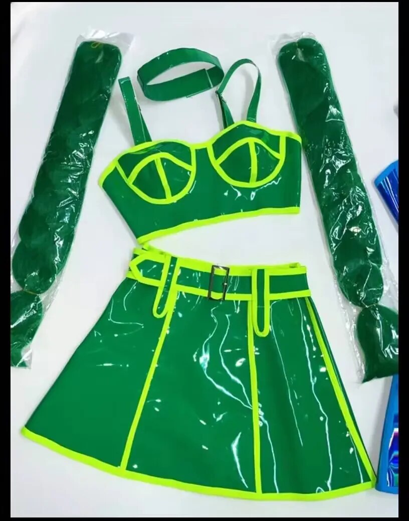 VCSHOES Bar DJ Gogo Dance Costume Fluorescent Laser Tops Skirt Braid Wig Stage Rave Outfit Festival Party Show Performance Clothes