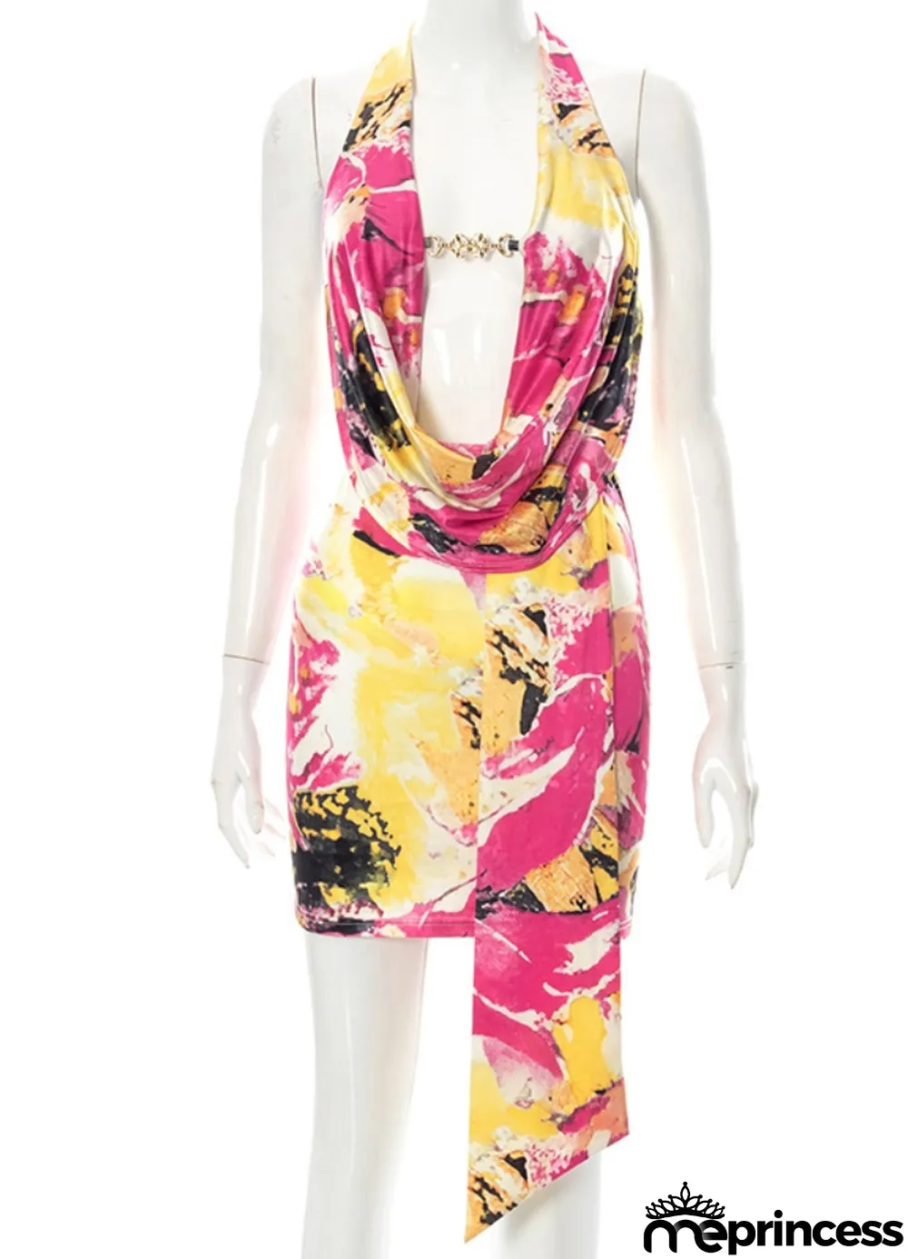 Women Summer Rose Sexy Halter Sleeveless Floral Print Backless Mini Bodycon Dress