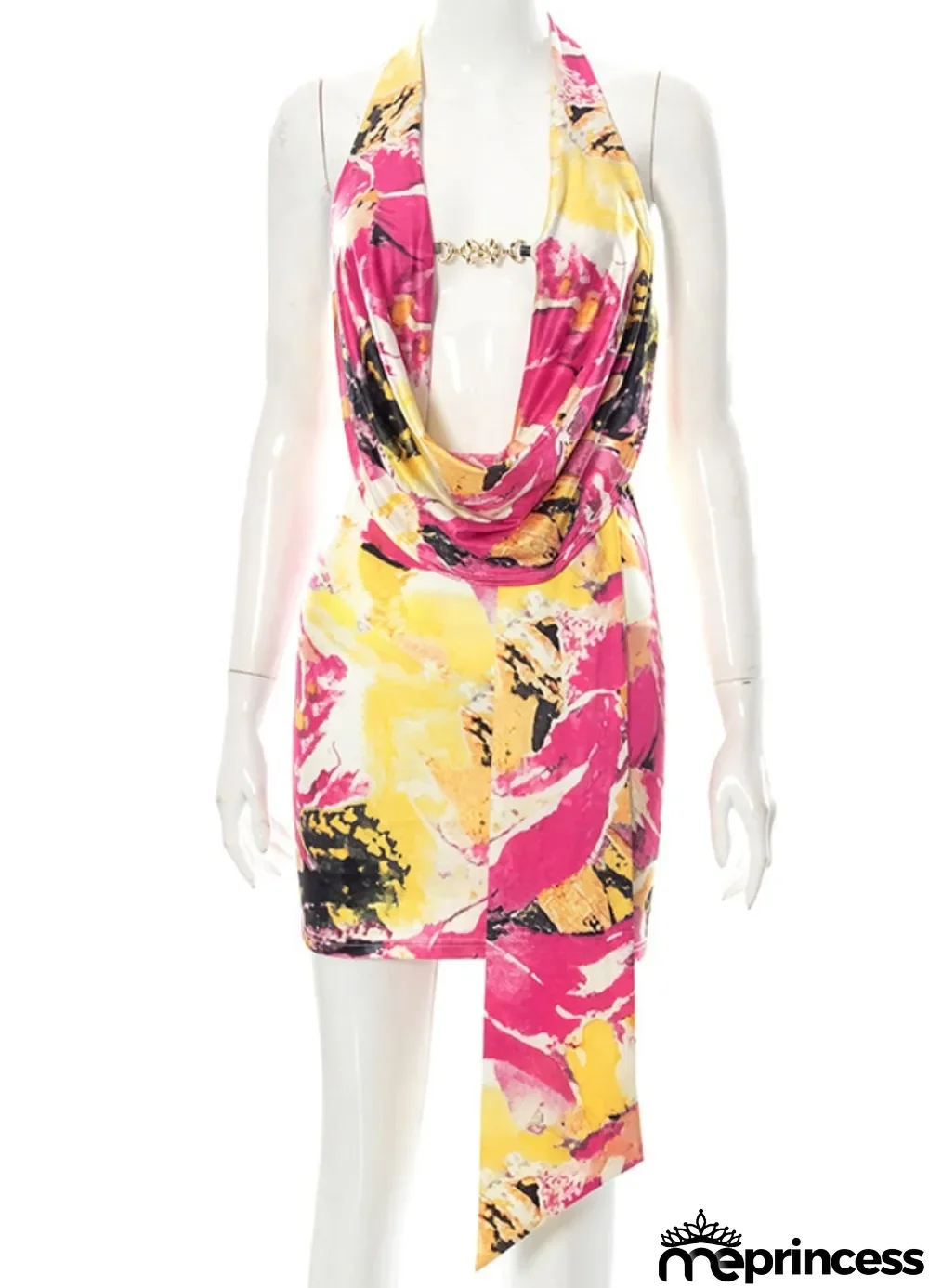 Women Summer Rose Sexy Halter Sleeveless Floral Print Backless Mini Bodycon Dress