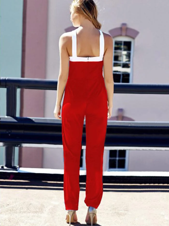 Sexy Leaky Shoulder Colorblock Jumpsuit