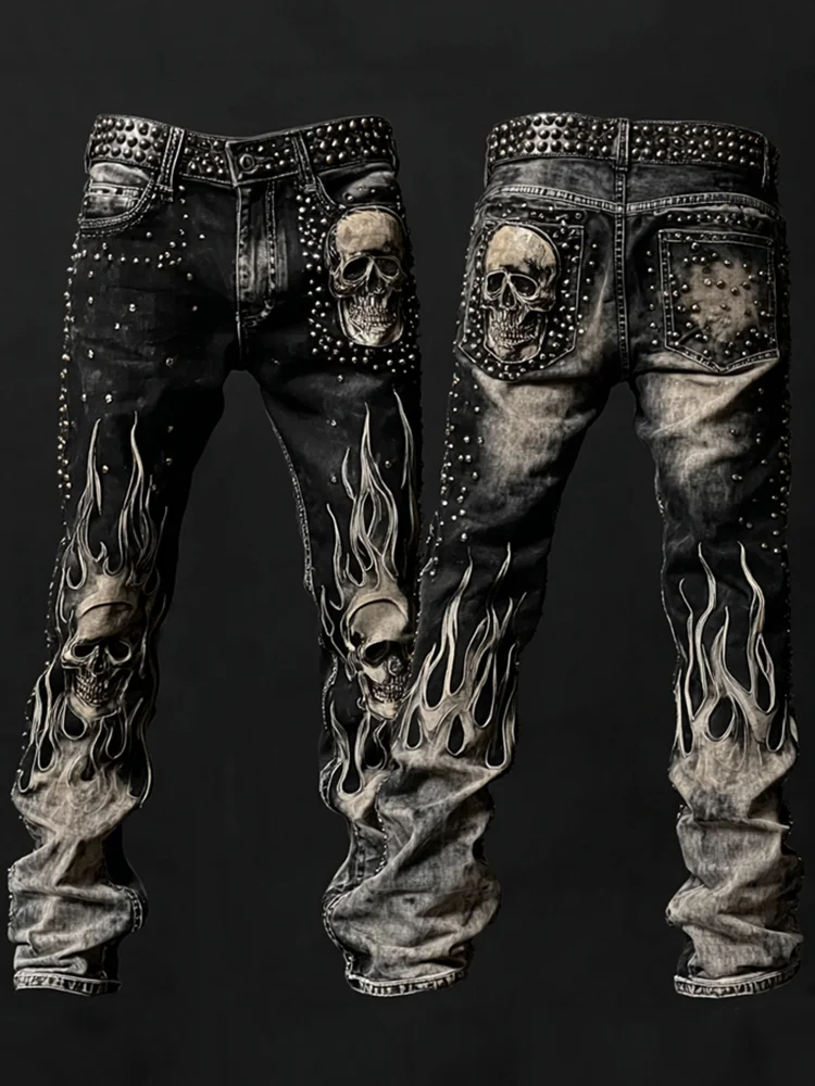Men's Skulls Flame Contrast Rock Studded Washed Jeans