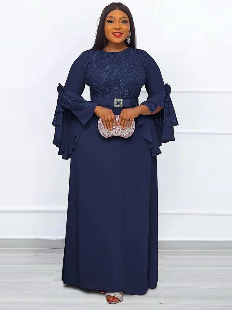 Colourp Plus Size African Party Dresses for Women 2022 New Fashion Dashiki Ankara Lace Wedding Gowns Elegant Muslim Kaftan Maxi Dress