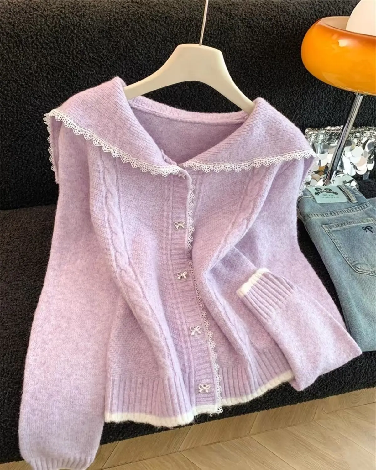 Women Lace Trim Sailor Collar Knit Cardigan