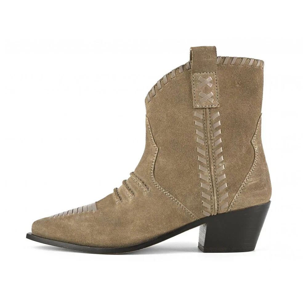 Pointed Toe Block Heel Taupe Braid Short Cowboy Boots for Women