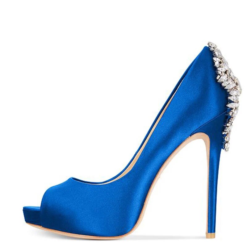 TAAFO Blue Burnished Rhinestone High Thin Heel Stiletto Peep Toe Pumps Crystal Heels Woman Wedding Shoes 