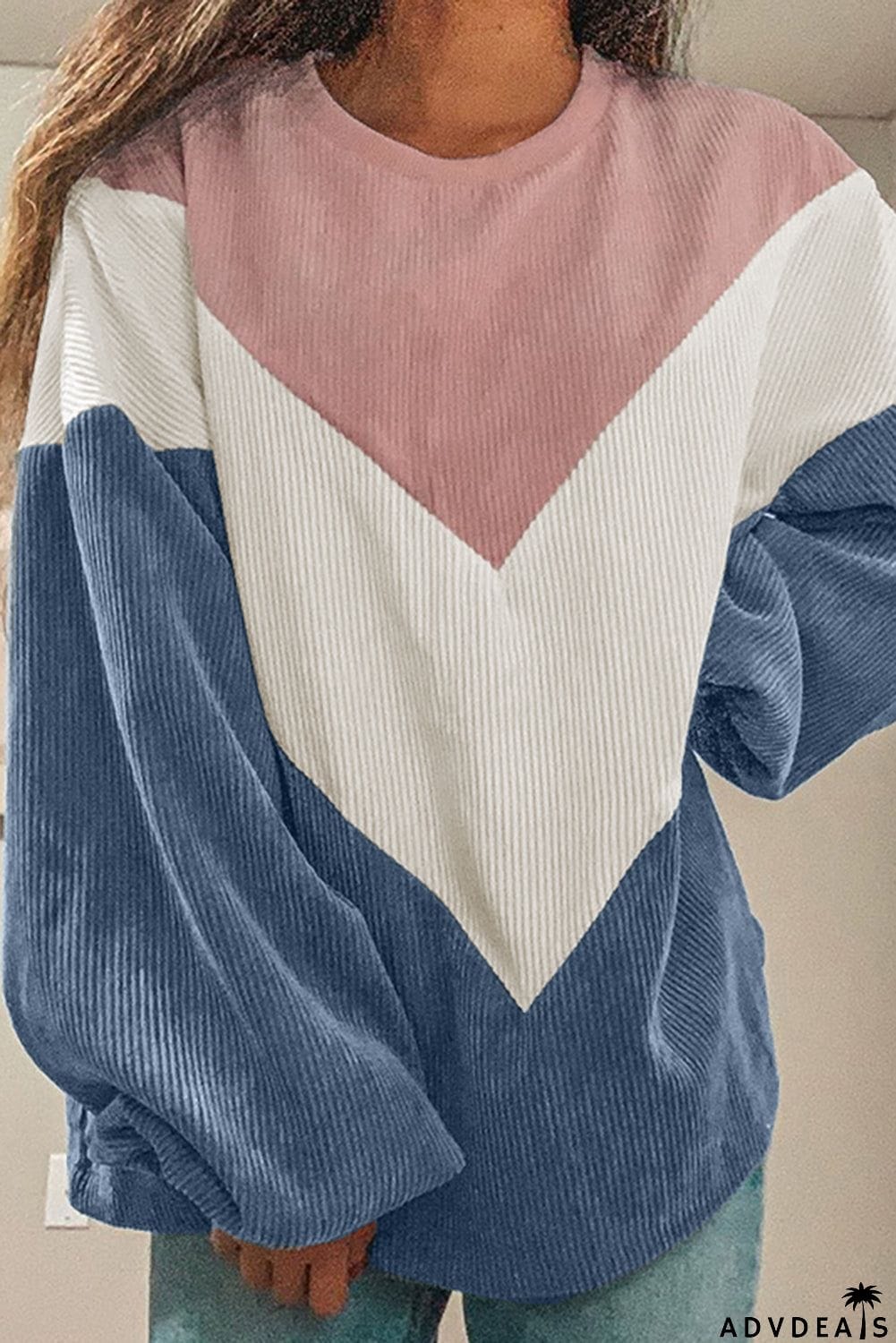 Colorblock Balloon Sleeve Corduroy Sweatshirt