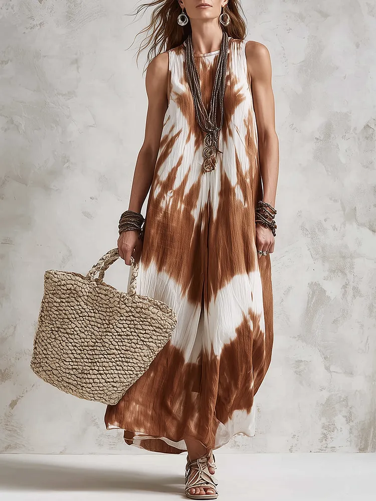 Casual Brown And White Tie-dye Sleeveless Long Dress