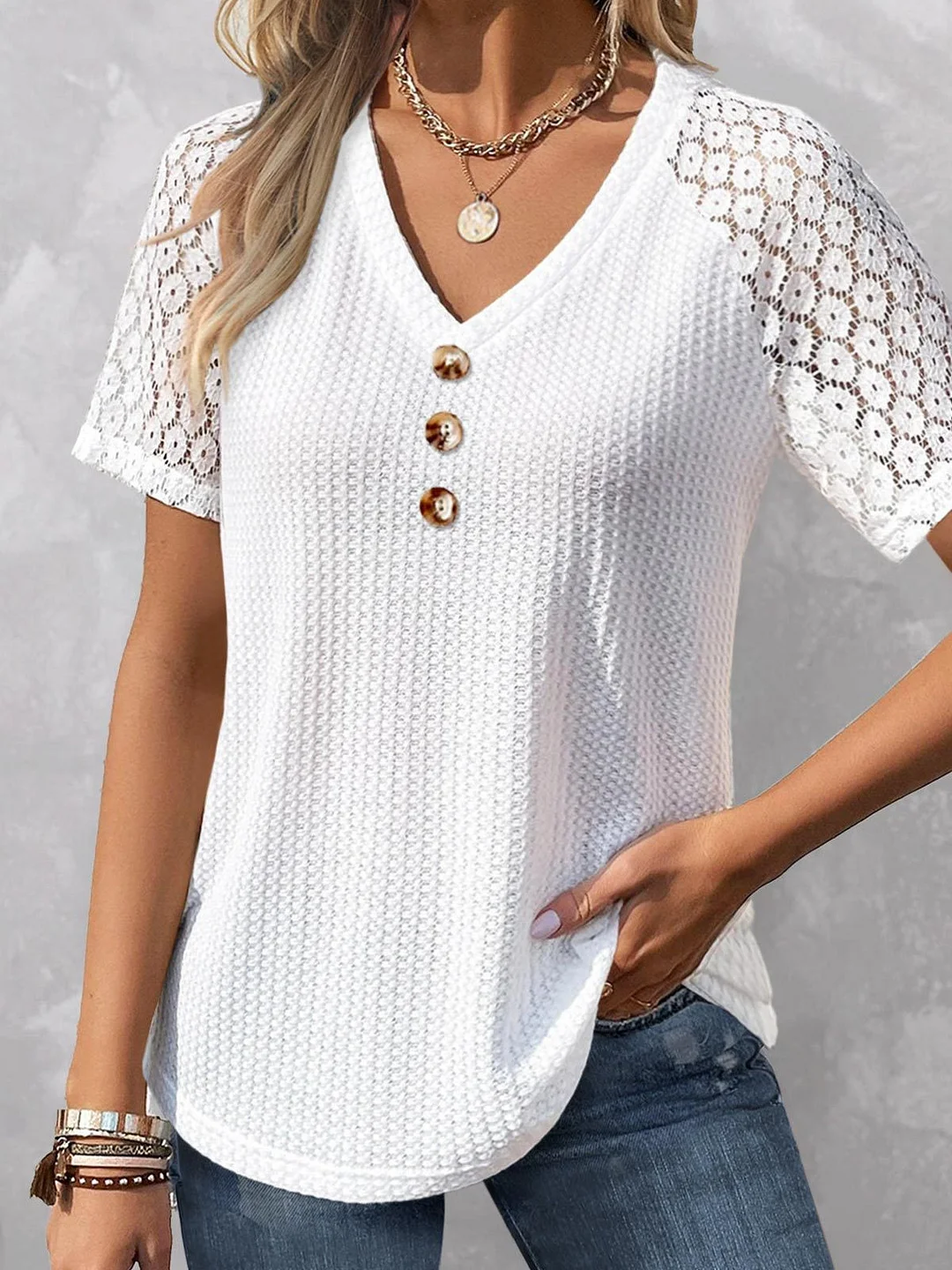Women's Short Sleeve V Neck Lace Casual Top