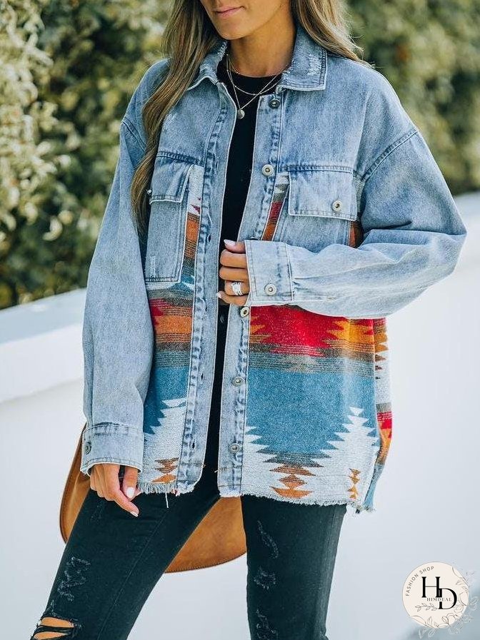 Coats Lapel Pocket Denim Stitching Woolen Retro Coat for Women