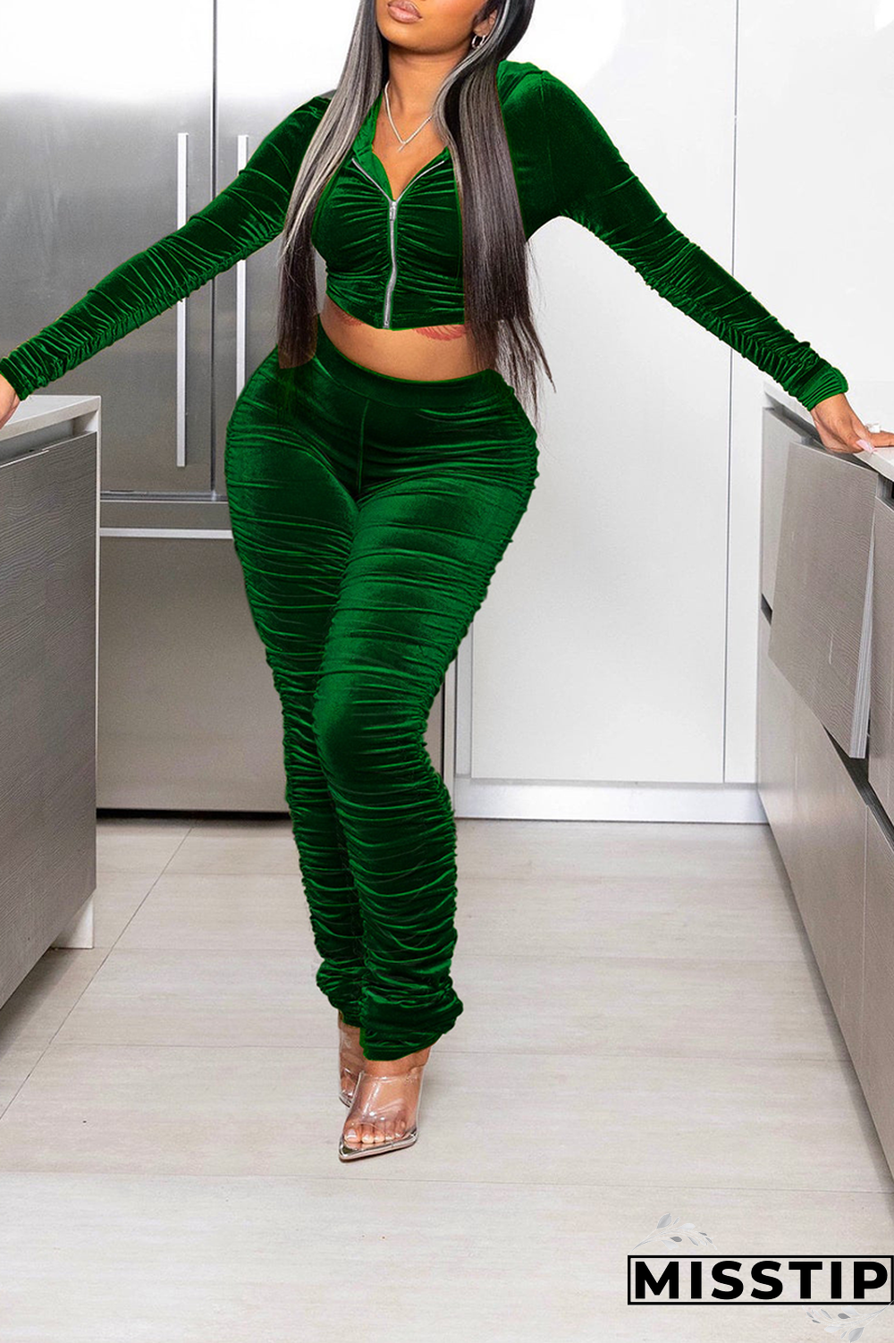 Black Street Solid Fold Hooded Collar Long Sleeve Two Pieces