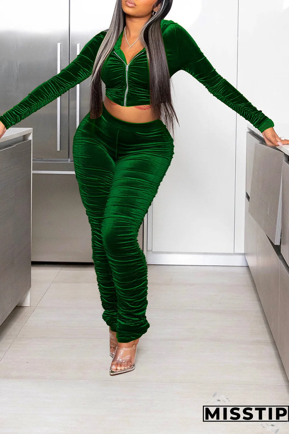 Black Street Solid Fold Hooded Collar Long Sleeve Two Pieces