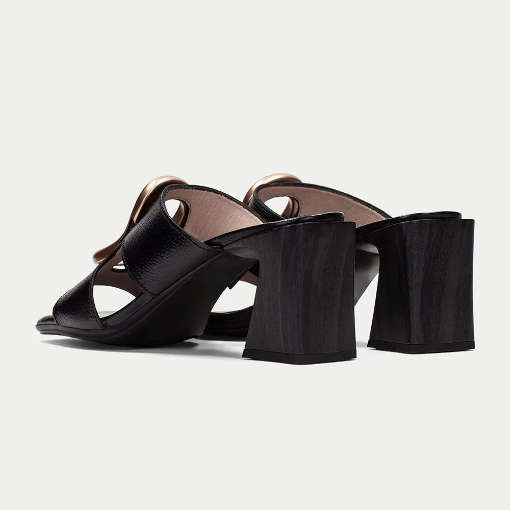 Black Square Toe Chunky Heel Cut Out Metal Decor Mules Sandals
