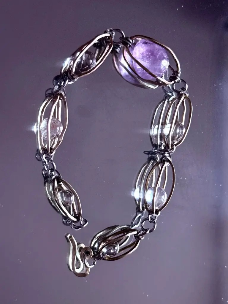 Amethyst clear quartz vintage princess style wire wrapped crystal bracelet flatlay