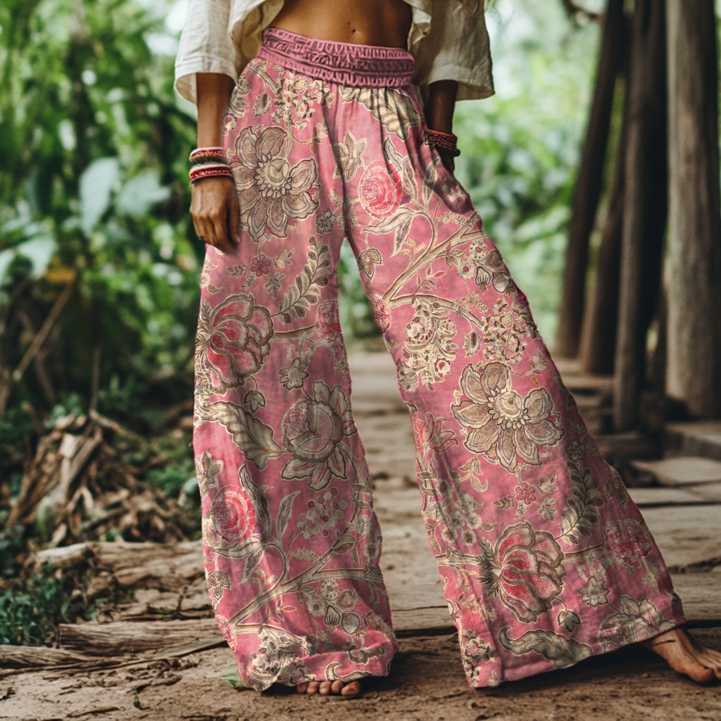 Vintage Bohemian Floral Print Loose Wide Leg Pants