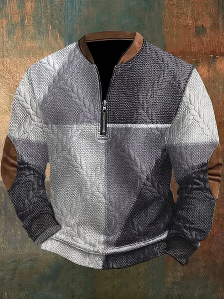 Utbros Men's Retro Western Design Jacquard Fabric Zipper Neck Sweatshirt