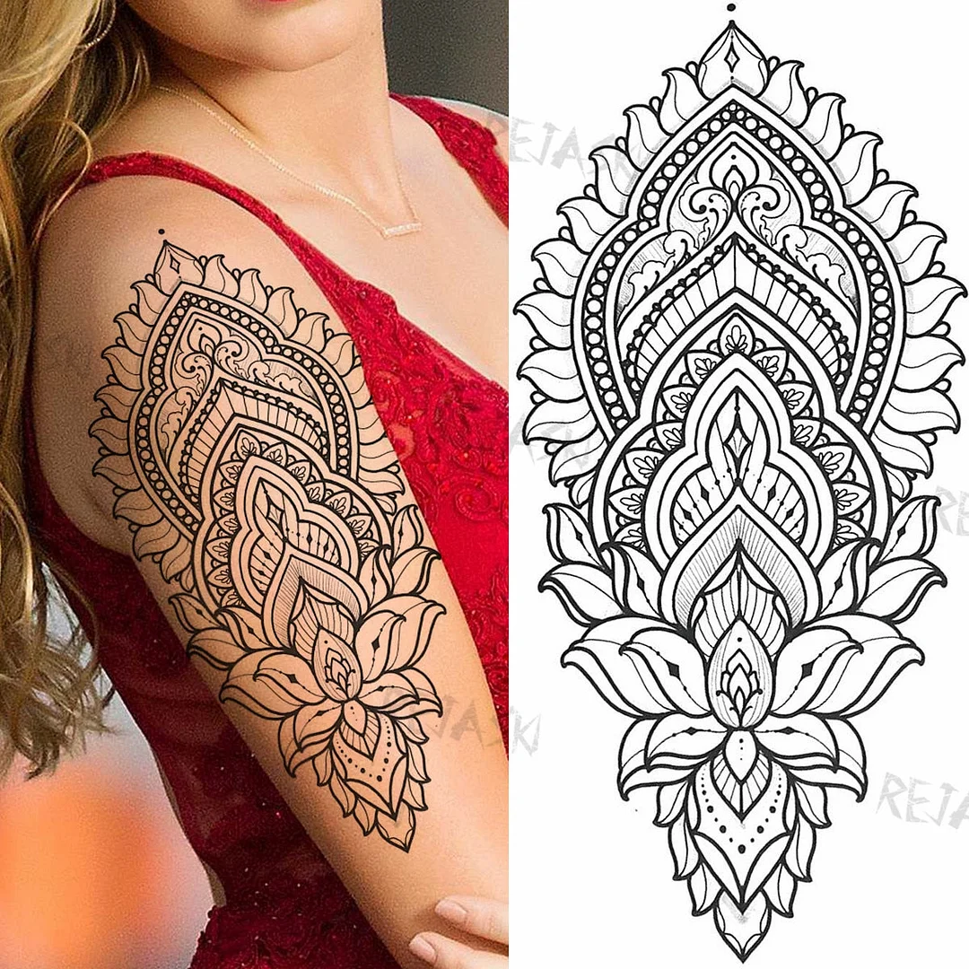 Mandala Flowers Temporary Tattoo For Women Black Henna Mehndi Tattoos Sticker Rose Lace Owl Fake Jewelry Tatoos Body Chest Back