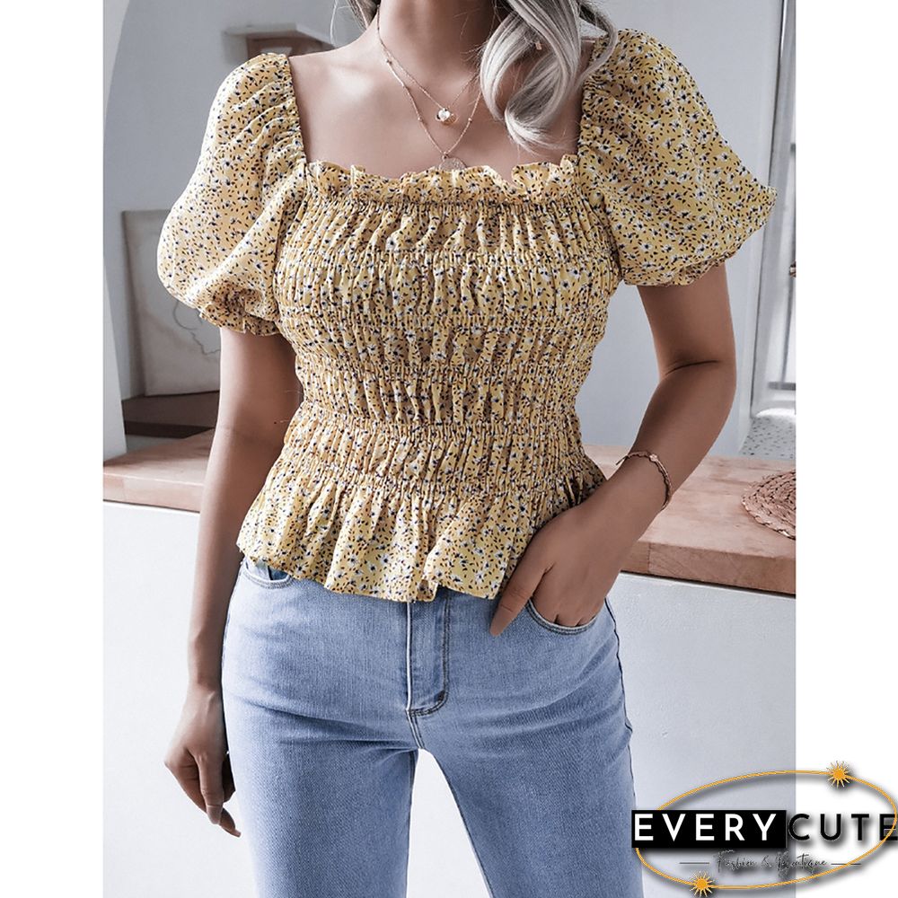 Yellow Square Neck Floral Print Chiffon Blouse