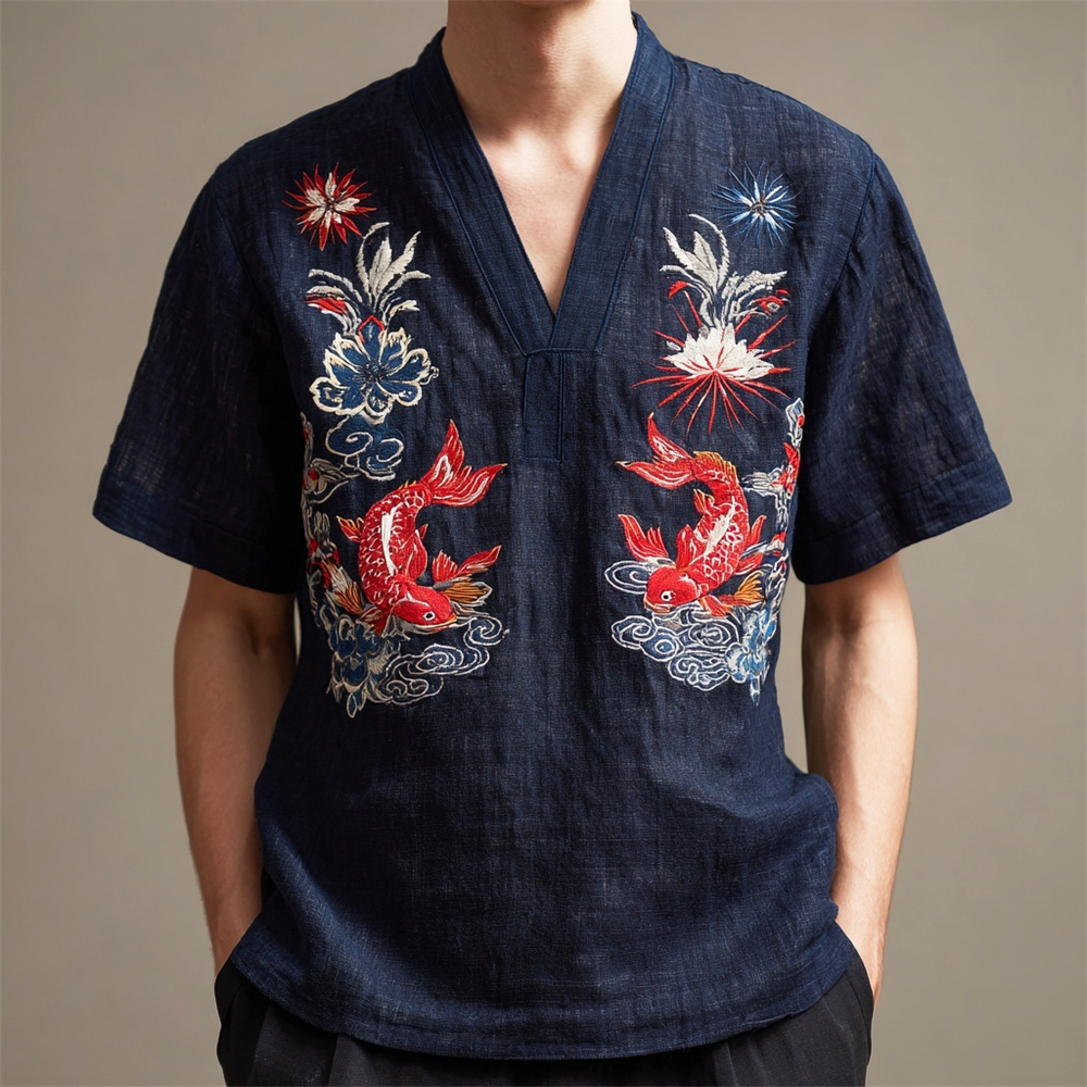 Men's Japanese Goldfish Firework Element Embroidered Linen V-neck Shirt  artssus