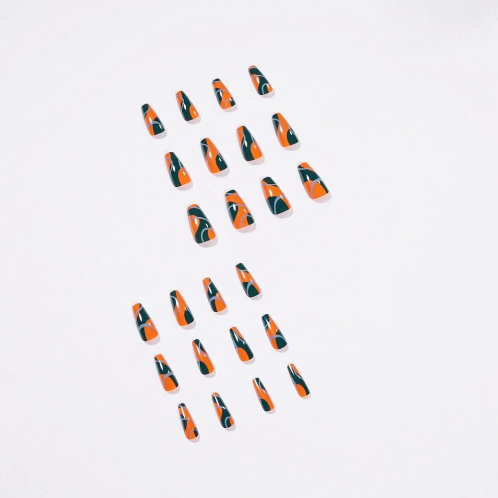 24pcs/Set French False Nails Pretty White Flower Pattern Gold Glitter Ballerina Nail Art Tips with Design Sticker Press on Nails