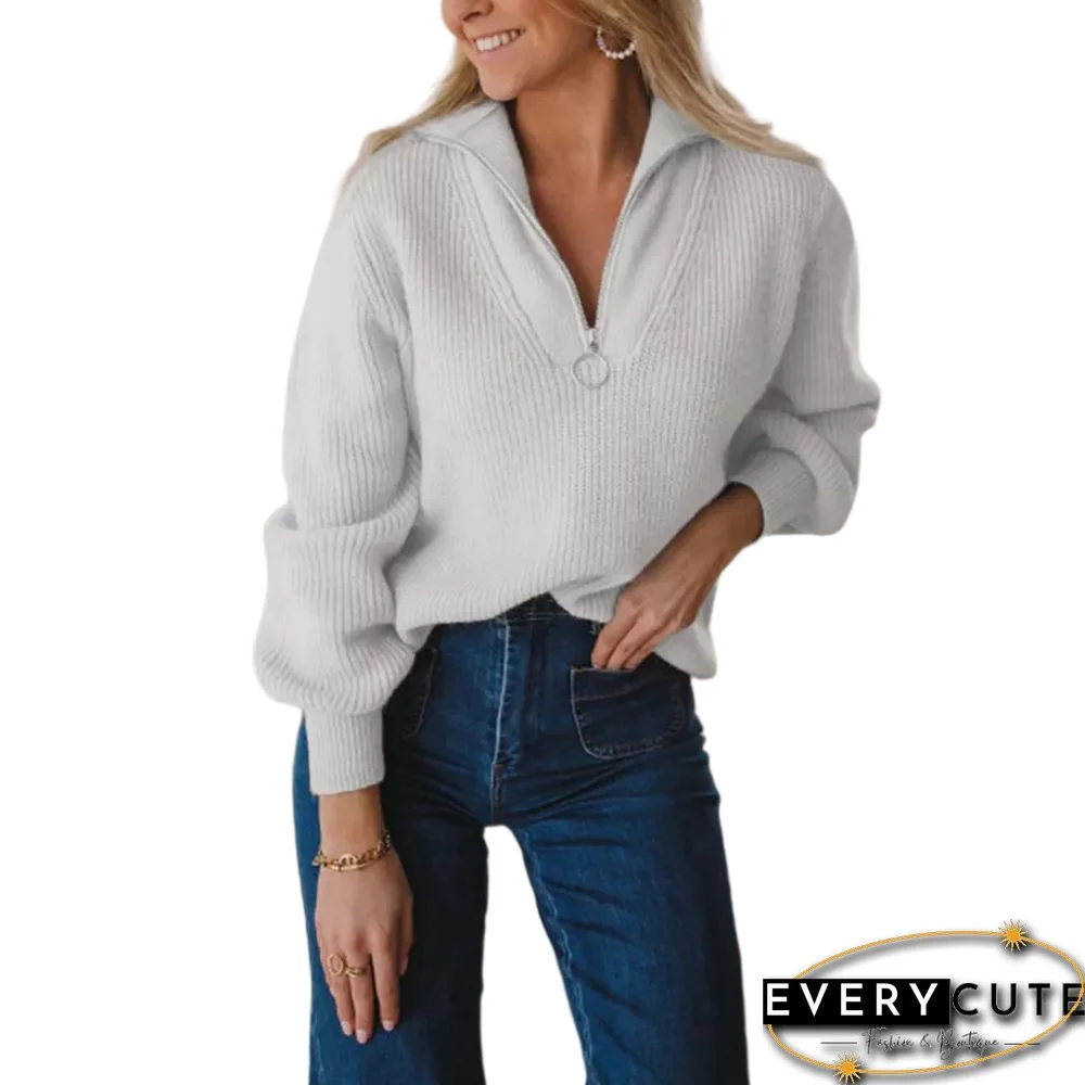 Light Gray Zipper-up Lantern Sleeve Sweater