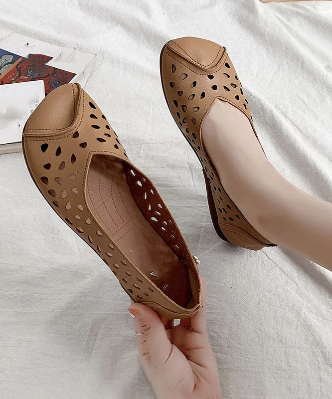 2023 Brown Cowhide Flat Feet Shoes Hollow Out Flat Shoes