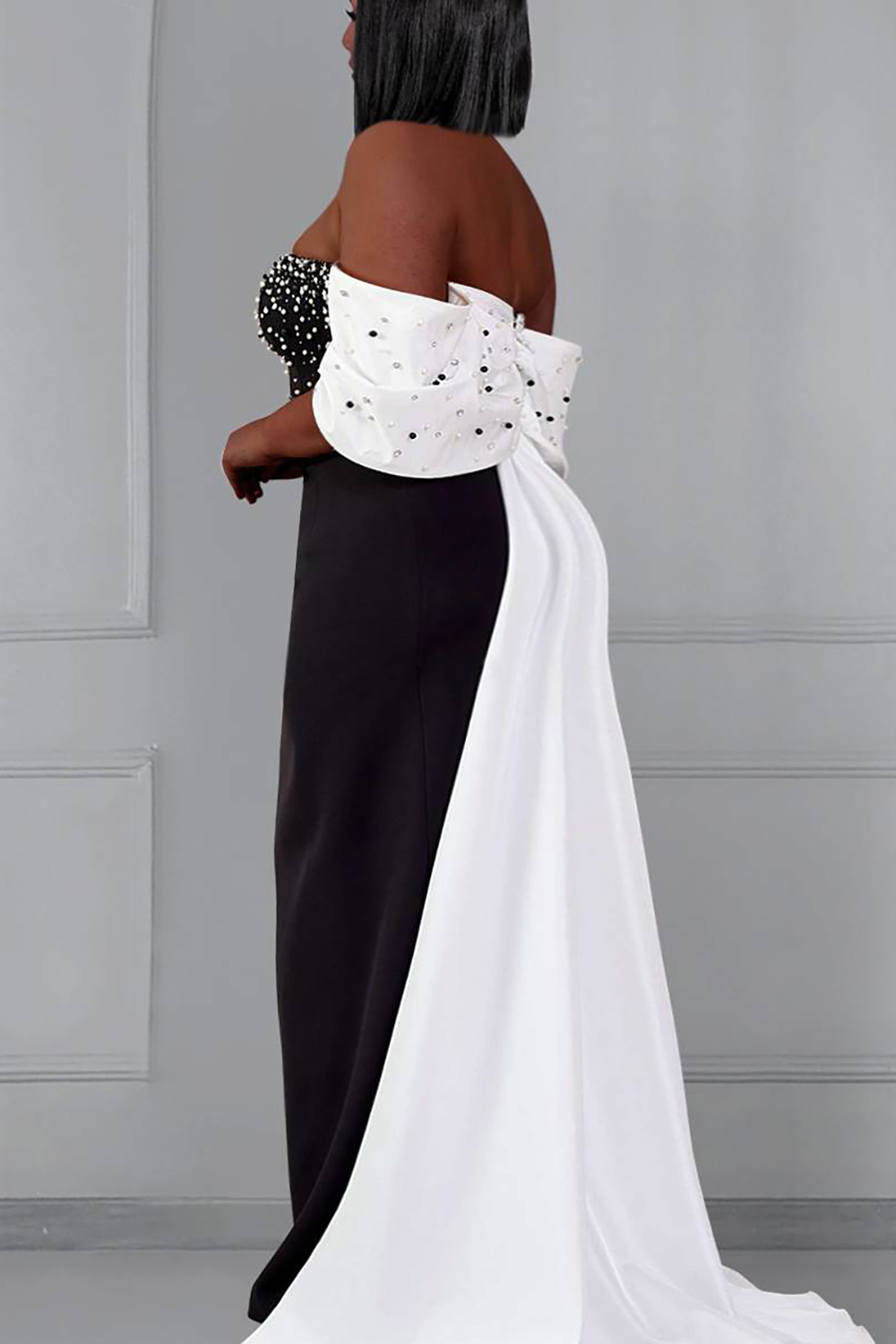 Plus Size Formal Maxi Dresses Elegant Black Spring Summer Off The Shoulder Rhinestone Maxi Dresses [Pre-Order]