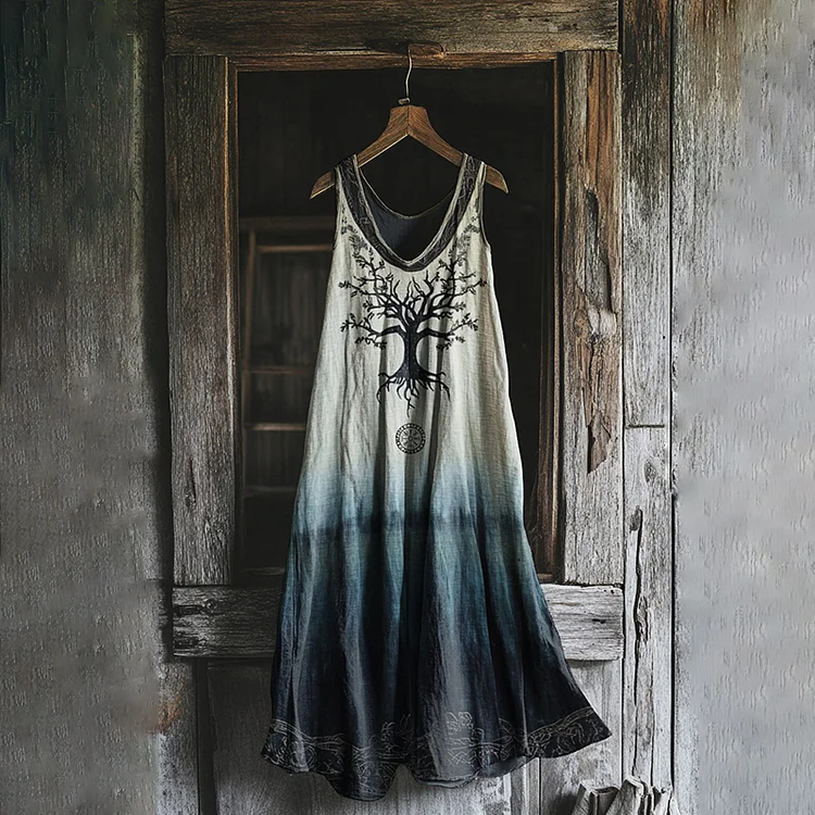 Women's Vintage Viking Tie-dye Print Cotton And Linen Dress