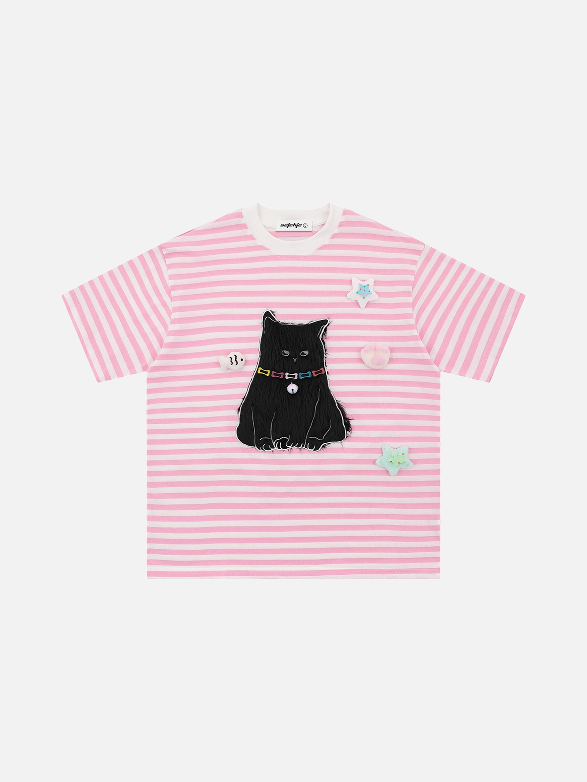 Pink Applique Embroidery Cat Stripe Short Sleeve Tee Front