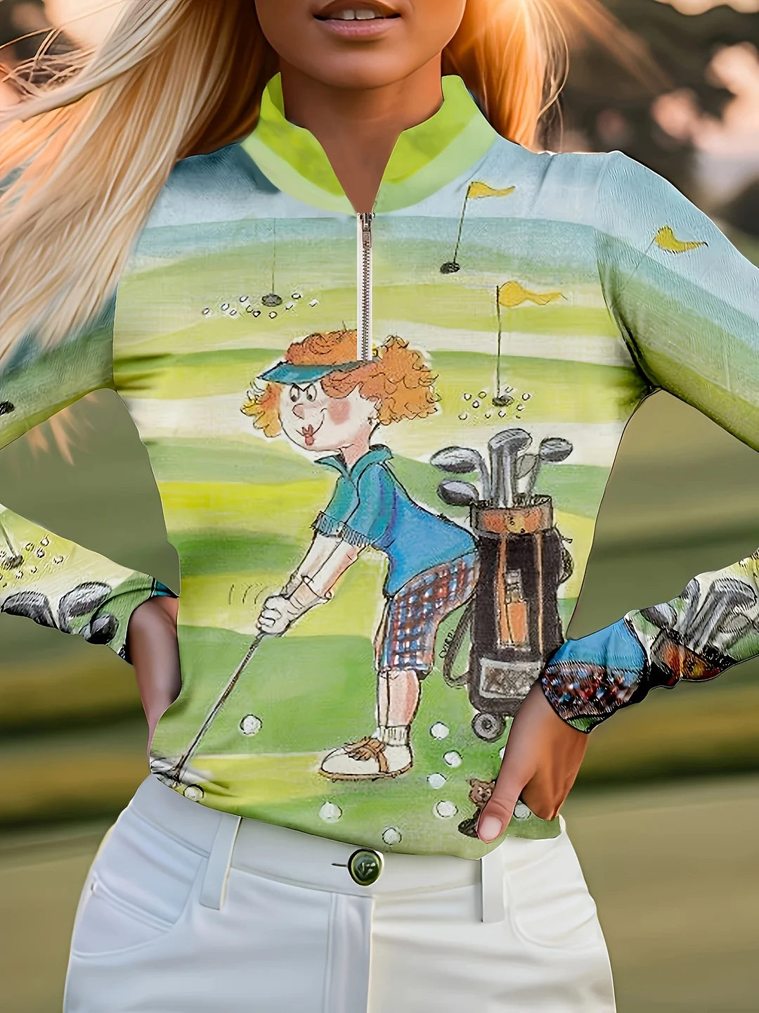 Trendy Fashion Colorful Cartoon Print Long-Sleeved Polo Shirt - Women's Zipper Casual Sweatshirt Golf Polo - For Women - Suitable For Casual Wear, Golf, Sports - Perfect Gift For Fashionable Women | IFYHOME