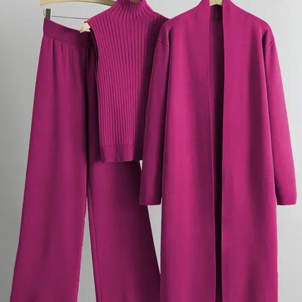 Trendy Knit Turtle Neck Tank & Wide Leg Trousers with Open-front Long Cardigan Three-piece Clothes Sets, Casual Womenswear