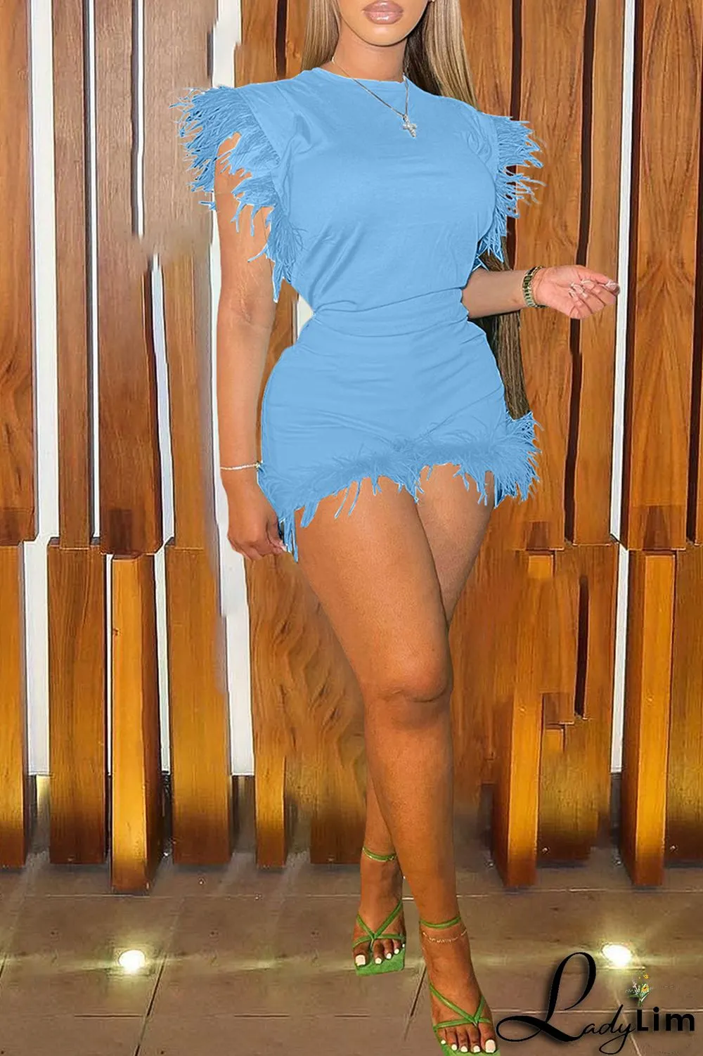 Cyan Fashion Casual Solid Patchwork Feathers O Neck Sleeveless Two Pieces