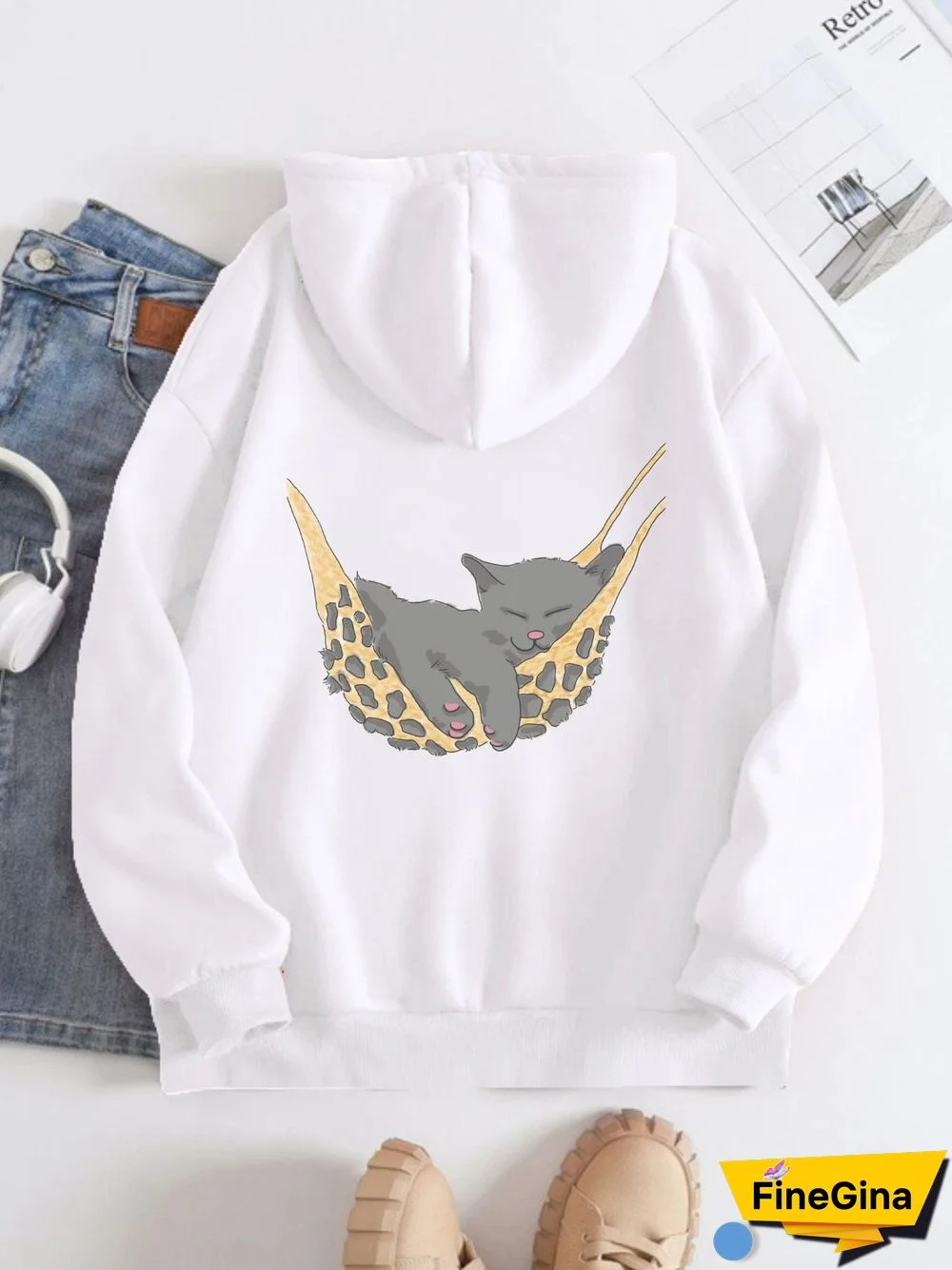 Printed on the Back Kangaroo Pocket Hoodie Long Sleeve for Women Pattern  Cat Taking a Lazy Nap