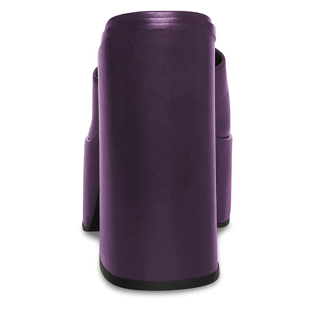 Vegan Leather Wide Band Platform Block Heel Mules in Purple 