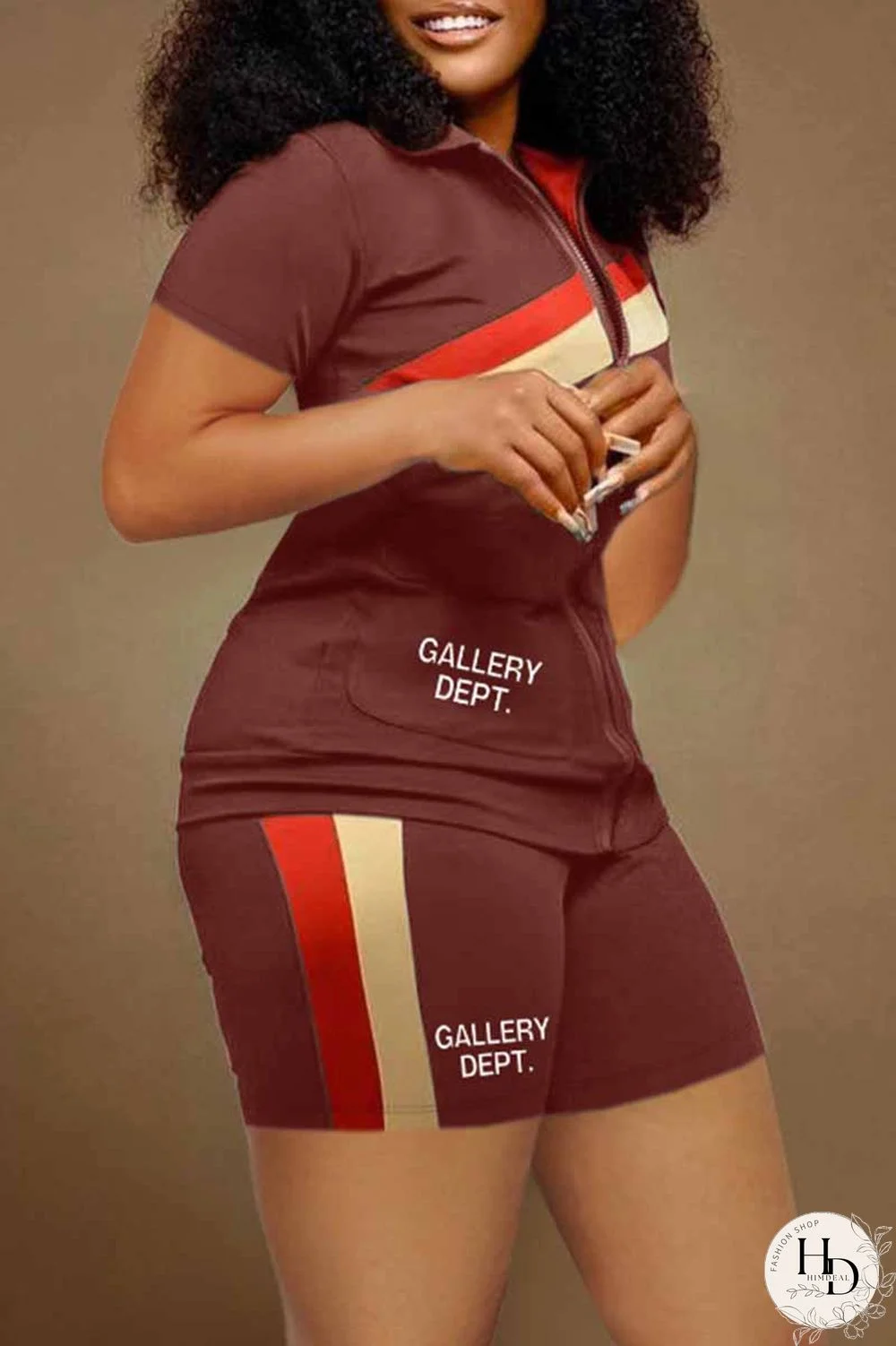 Rose Red Casual Street Print Letter Zipper Collar Short Sleeve Two Pieces