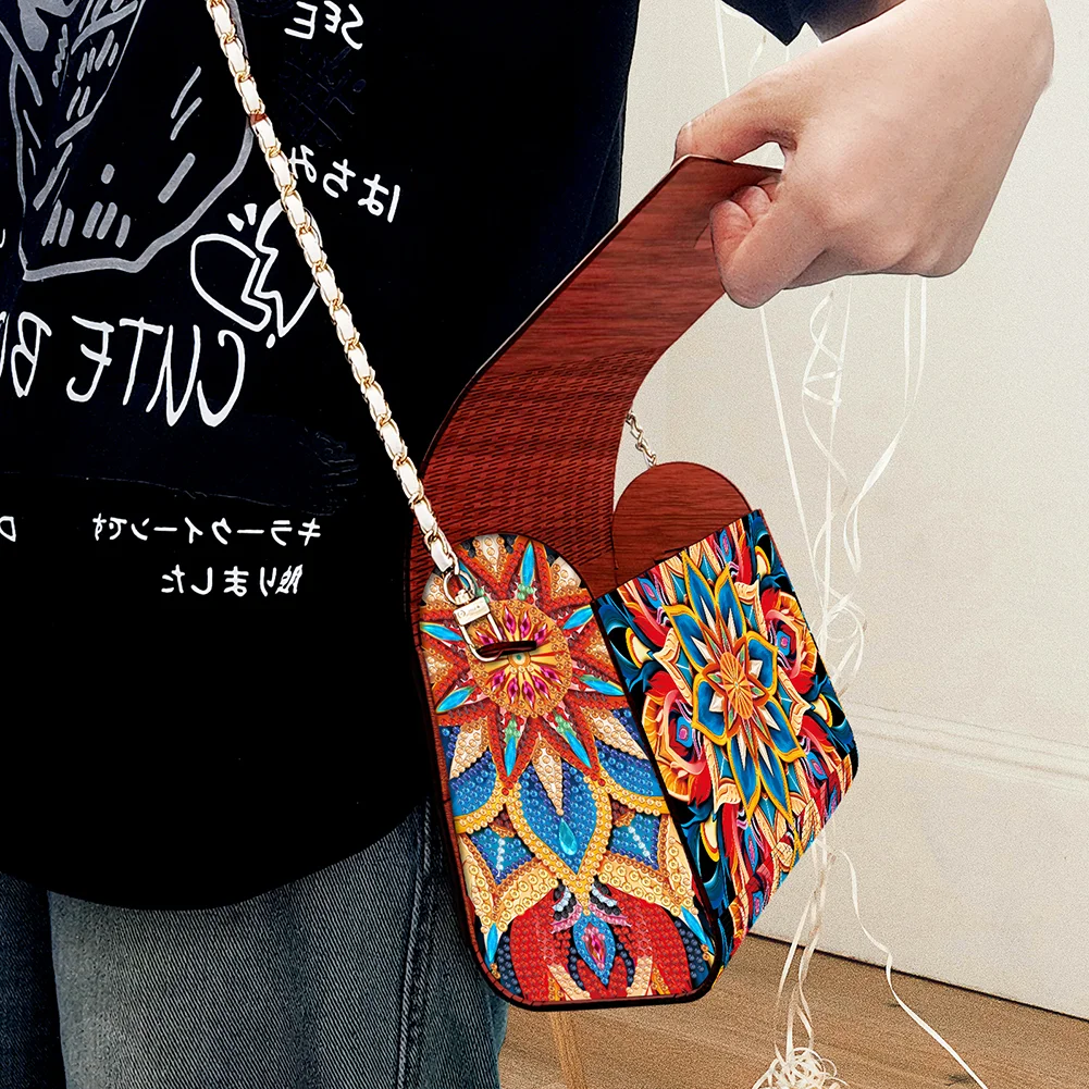DIY Mandala Diamond Art Wooden Coin Pouch with Chain 5D Diamond Painting Purse
