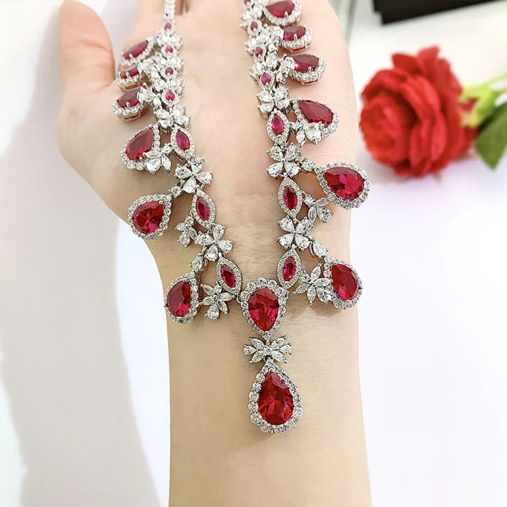 Elegant Vintage 925 Sterling Silver Pear Created Moissanite Ruby Gemstone Anniversary Pendant Necklace Fine Jewelry