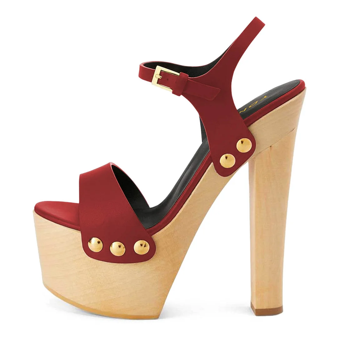 Red Vegan Leather Buckle Open Toe Studded Platform Heel Sandals