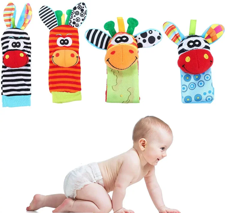 Baby Wrist Rattle Baby Socks Rattle, Baby Finder Animal Toys Set Soft Animal Toy (4 Pack) Cute Animal Soft Baby Socks Toys Wrist Rattles and Foot Baby Finders for 0-3, 3-6, 6-12 Months Babies