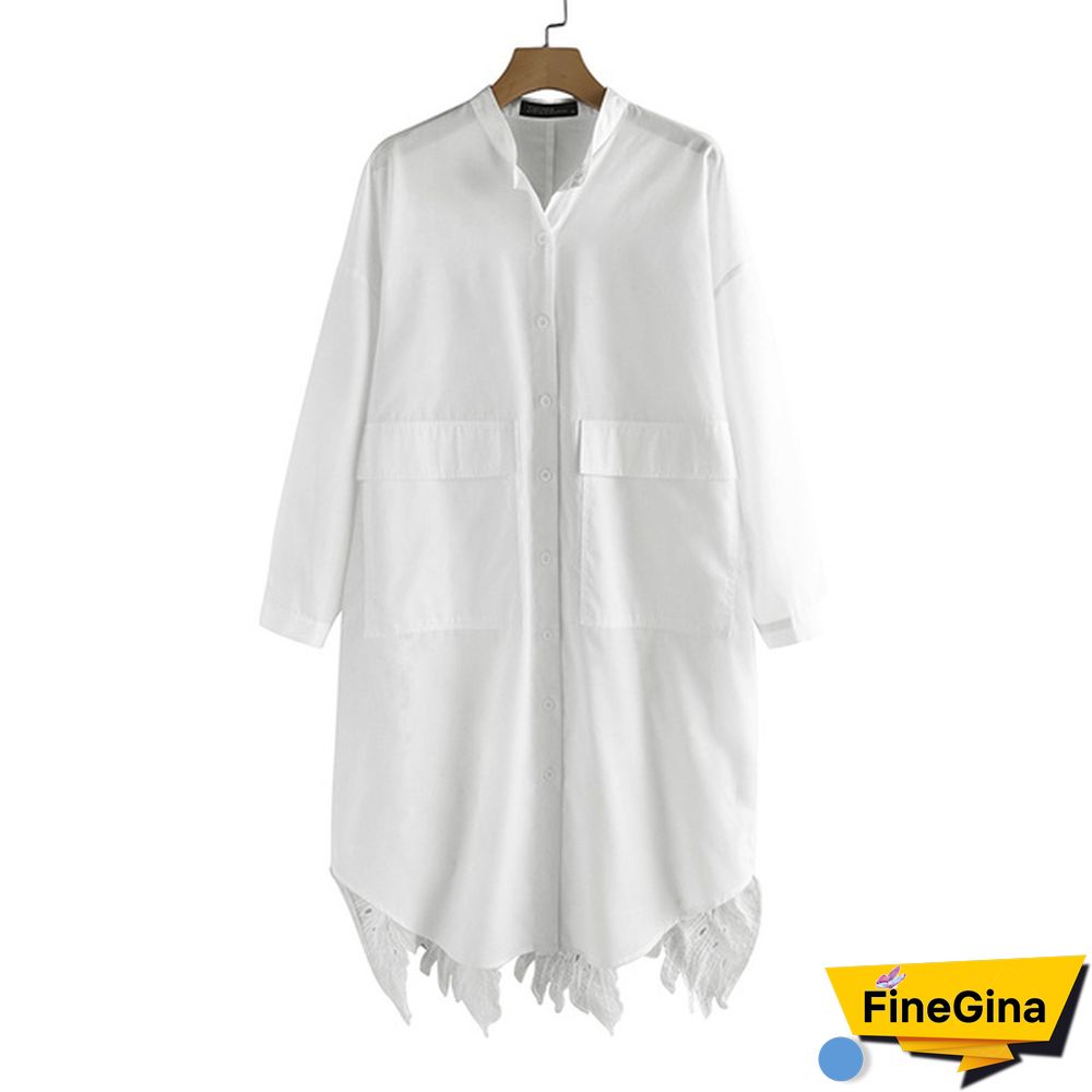 zanzea Womens Long Sleeve O Neck Lace Patchwork Shirt Casual Loose Top Blouse Dress