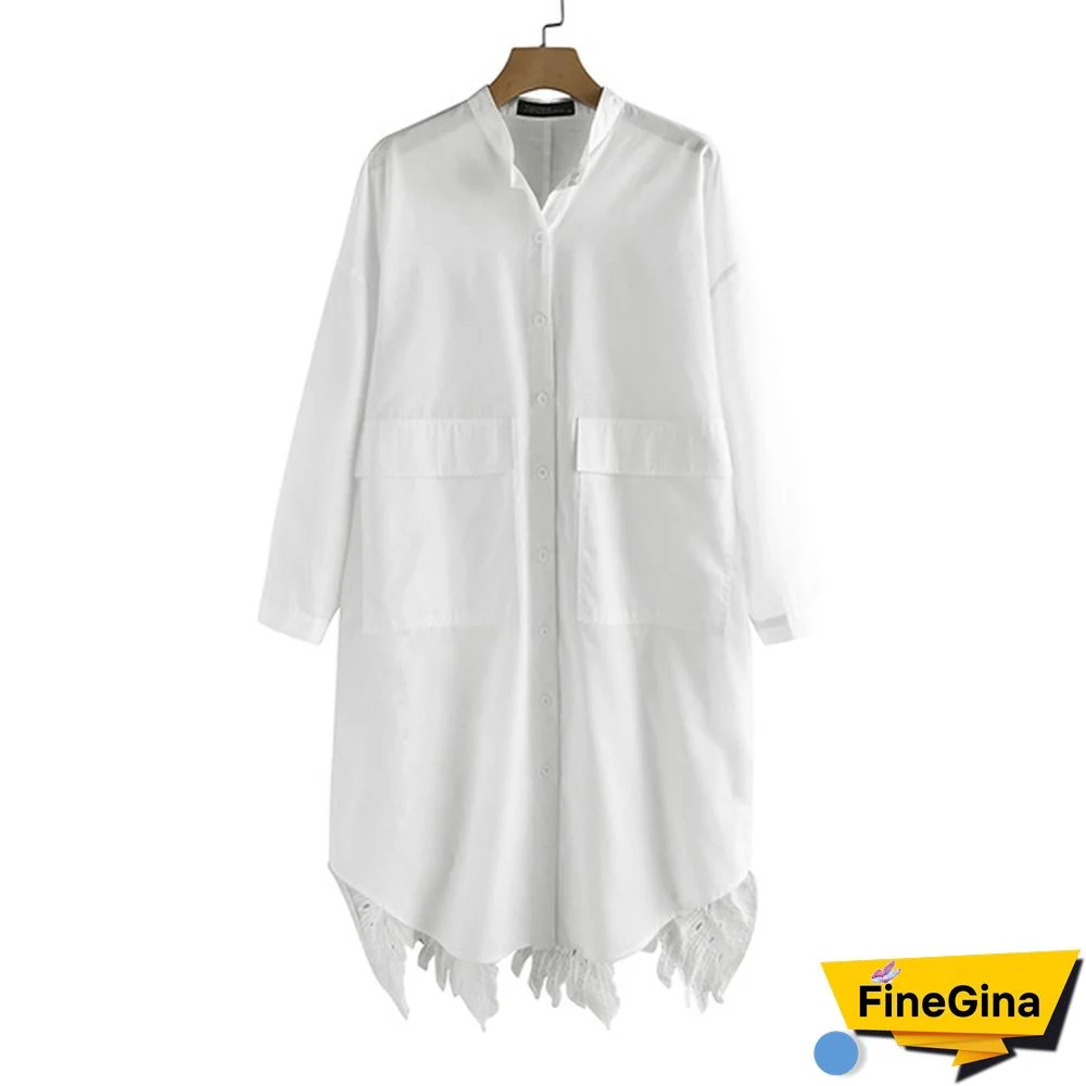 zanzea Womens Long Sleeve O Neck Lace Patchwork Shirt Casual Loose Top Blouse Dress