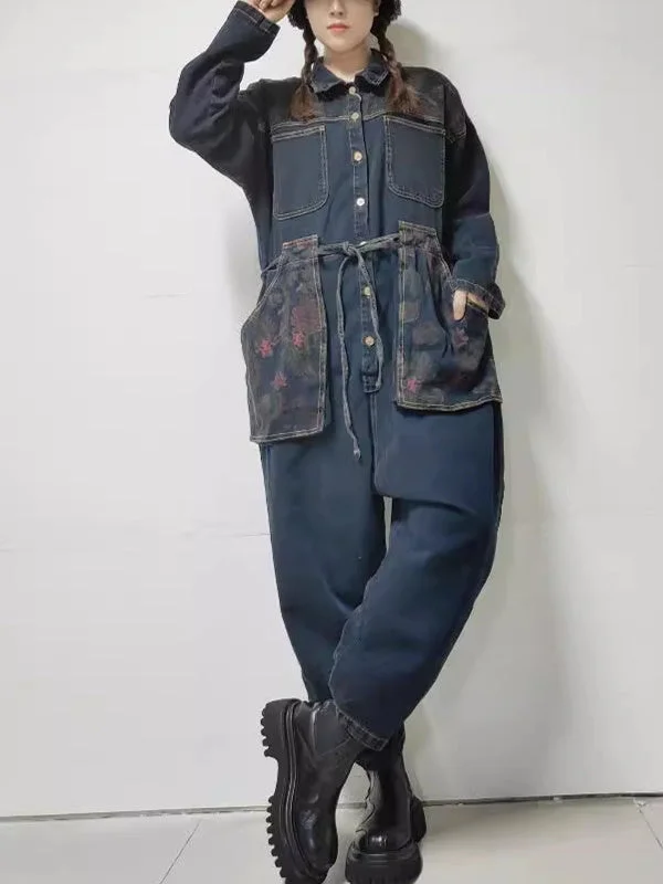 Women's Floral Printed Gradient Casual Retro Wide-leg Workwear Denim Overalls Jumpsuit