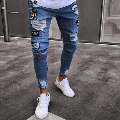 Men Stretchy Ripped Skinny Biker Embroidery Print Jeans Destroyed Hole Denim Hip Hop Jeans at Hiphopee