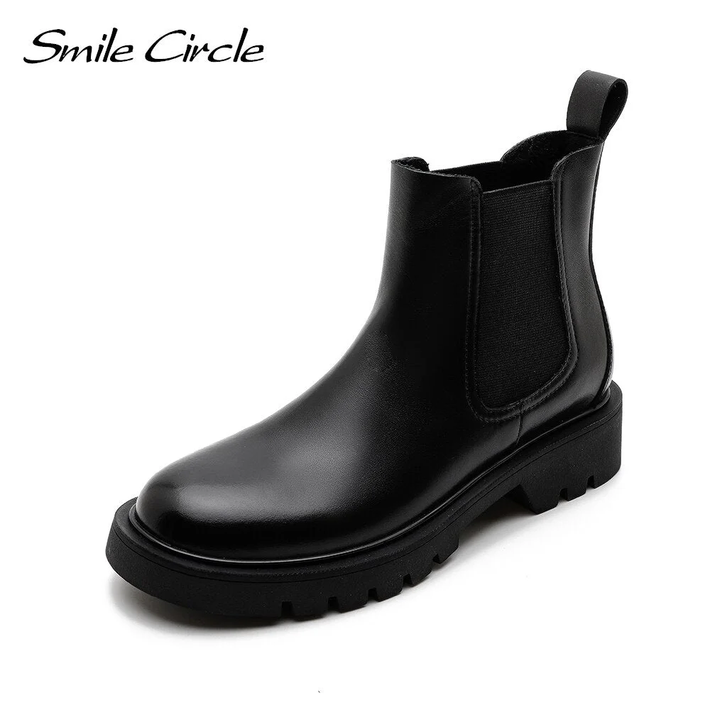 Smile Circle Cow Leather Chelsea Boots Ankle Slip-On Boots Women Autumn Platform Boots Fashion Casual Booties femme