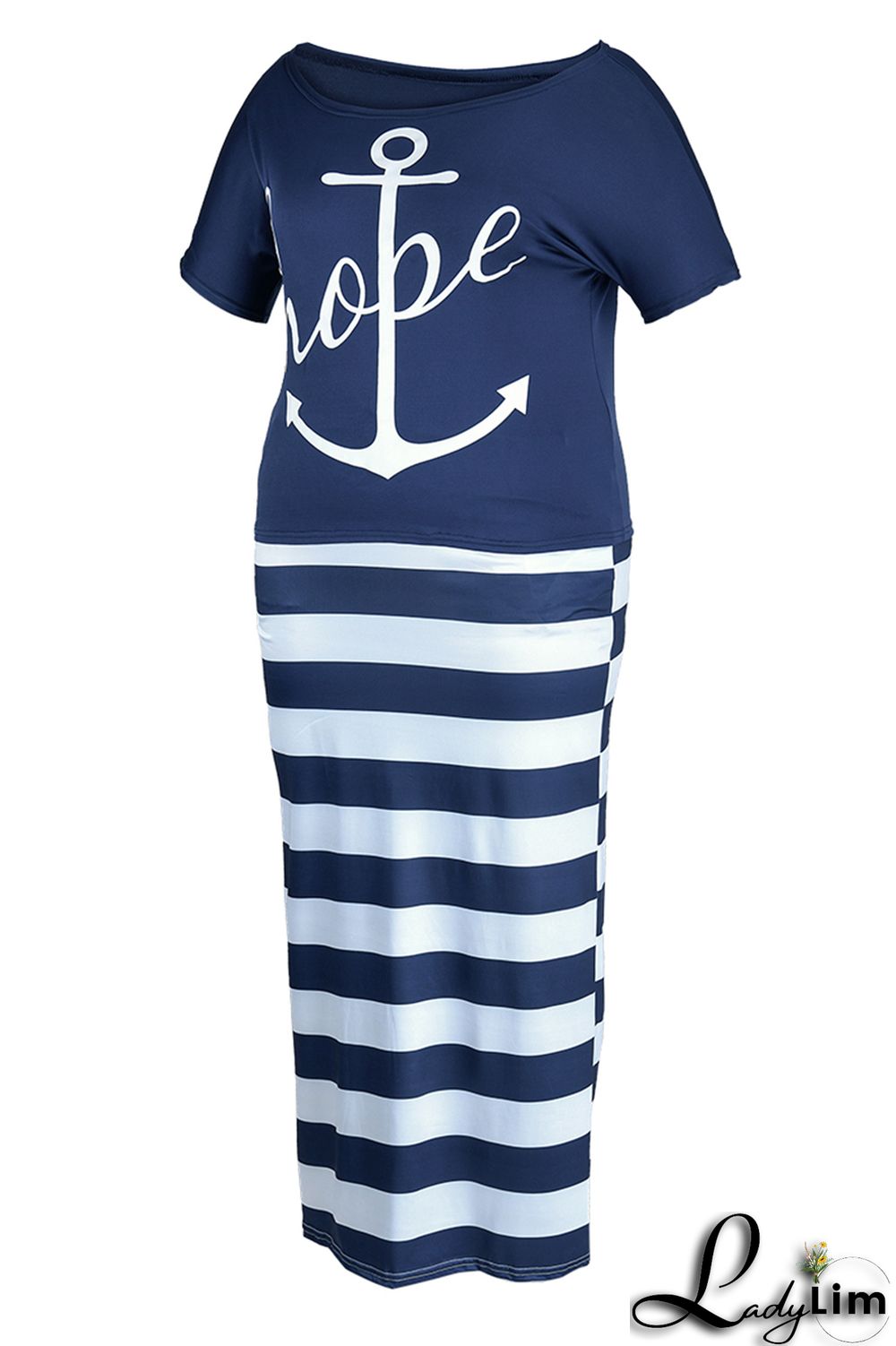 Deep Blue Fashion Casual Print Basic Oblique Collar Plus Size Two Pieces