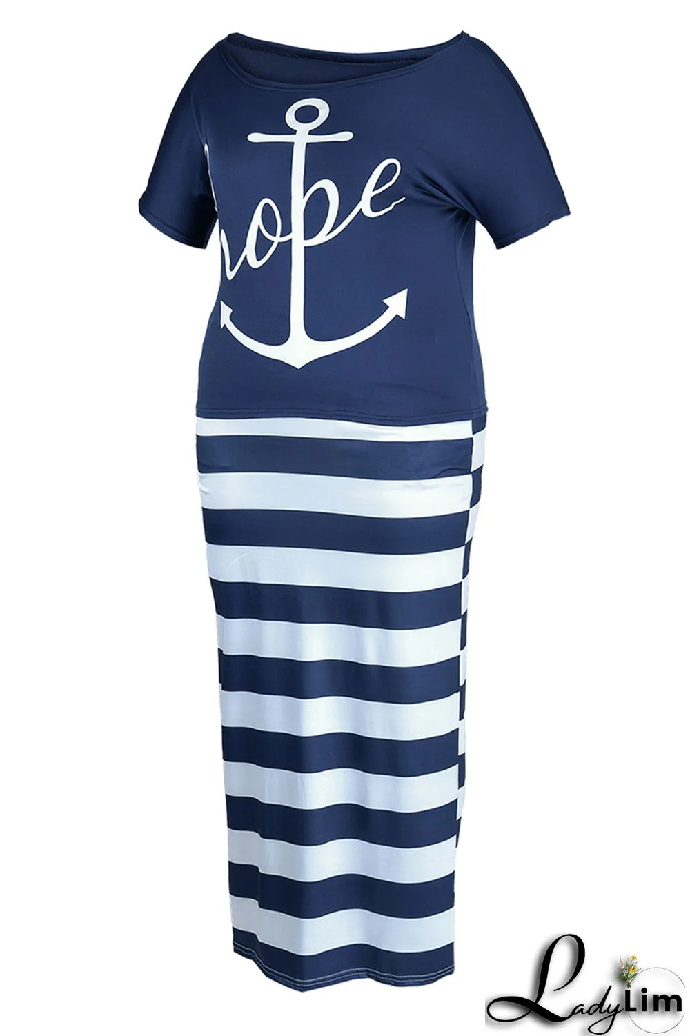 Deep Blue Fashion Casual Print Basic Oblique Collar Plus Size Two Pieces