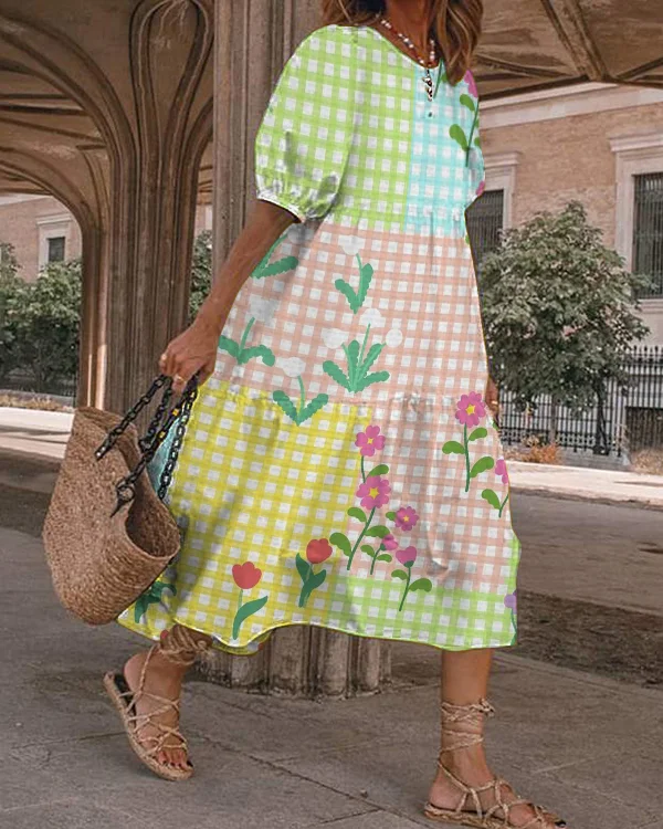 Women's Retro Round Neck Puff Sleeve Bohemian Floral Dress