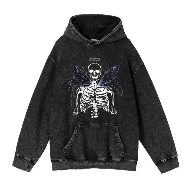 Vintage Washed Hoodie Hip Hop Skeleton Butterfly Print Casual Hoodie at Hiphopee