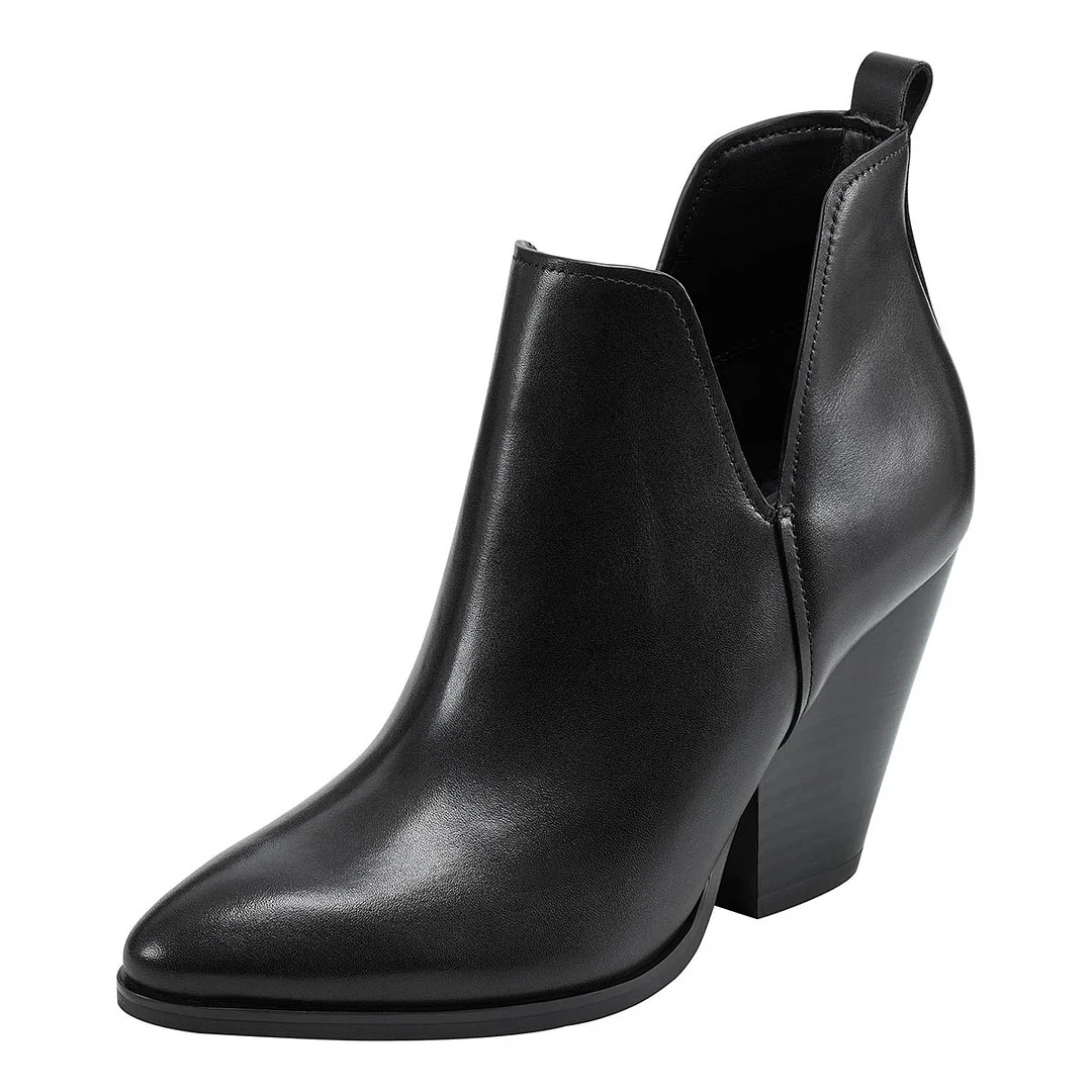 YDN Black Pointed Toe V Cut-Out Chunky Heel Booties for Women
